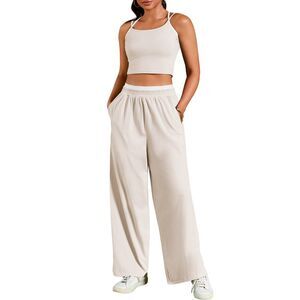 2 Piece Spaghetti Strap Crop Tank Tops Wide Leg Pants Tracksuit Light Khaki